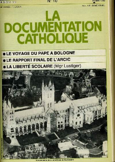 LA DOCUMENTATION CATHOLIQUE n 10 : Le voyge du pape  Bologne - Le rapport final de L'Arcic - La libert scolaire