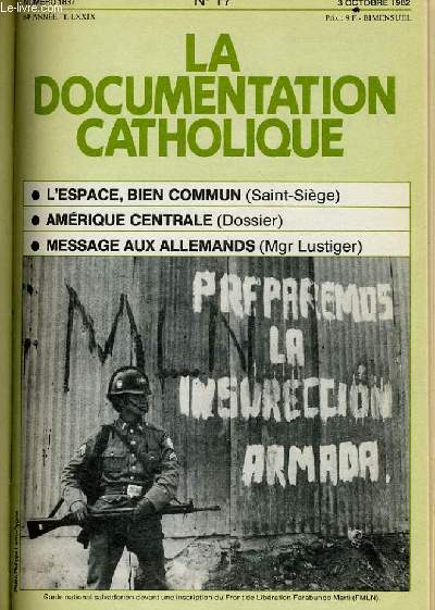 LA DOCUMENTATION CATHOLIQUE n 17 : L'espace bien commun - Amrique centrale - Message aux Allemands