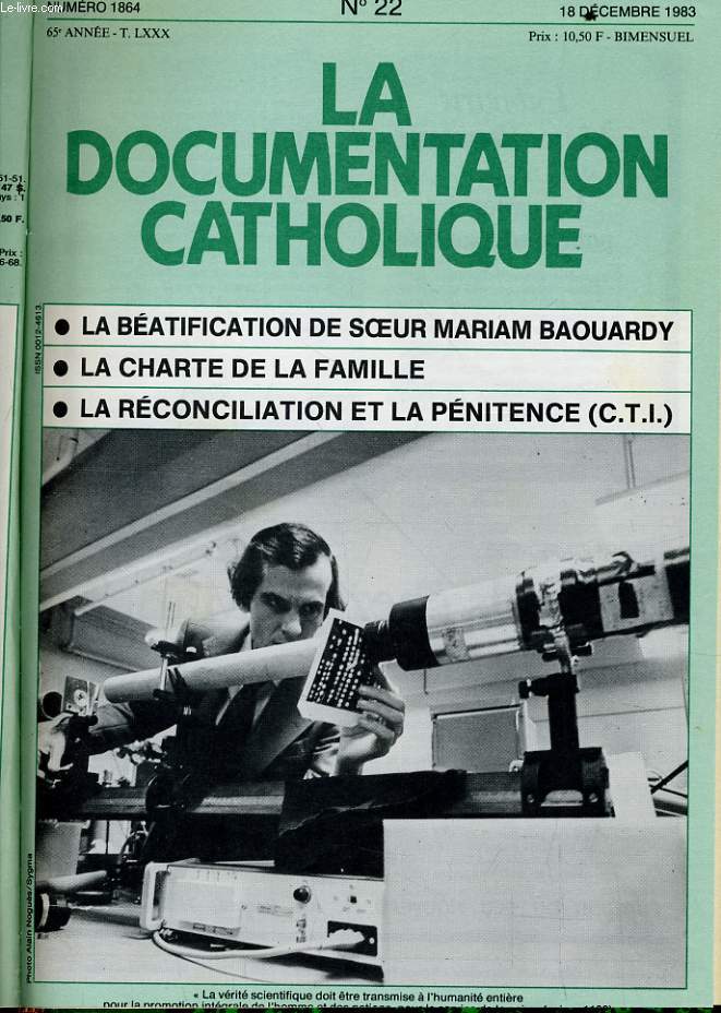 LA DOCUMENTATION CATHOLIQUE n 22 : La batification de soeur Mariam Baouardy - La chait de la famille - La rconciliation et la pnitence