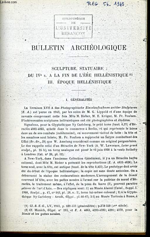 BULLETIN ARCHEOLOGIQUE sculpture statuaire : du IVe  la fin de l're hellnistique - III poque hellnistique