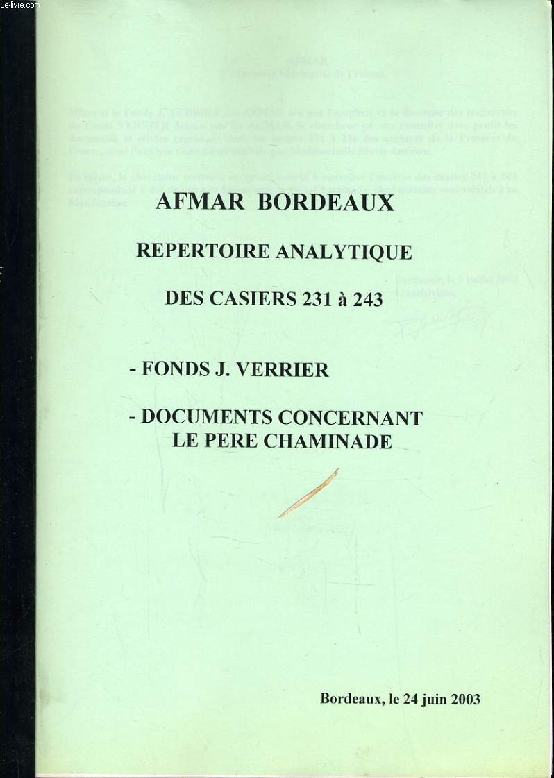 REPERTOIRE ANALYTIQUE DES CASIERS 231  243 - Fonds J. Verrier - Documents concernant le pre chaminade