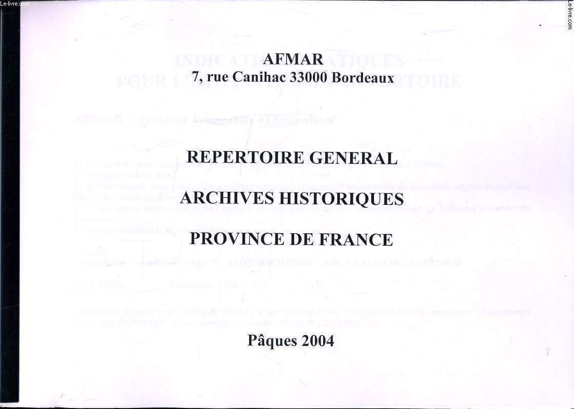 REPERTOIRE GENERAL - ARCHIVES HISTORIQUES - PROVINCE DE FRANCE