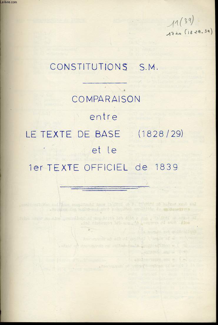 CONSTITUTION SM - Comparaison entre le texte de base (1828/29) et le 1er texte officiel de 1839