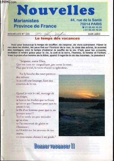 NOUVELLE MARIANISTE N335 (photocopie): Le temps des vacances - Funrailles Fr. Pierre FREYBURGER - Quelques nouvelles d'Afrique - Moine au coeur de la ville - L'glise c'est nous.