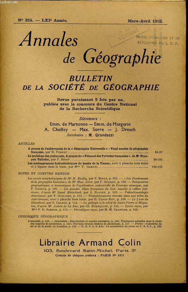 ANNALES DE GEOGRAPHIES bulletin de la socit gographique) n324 : A propos de l'achvement de la 