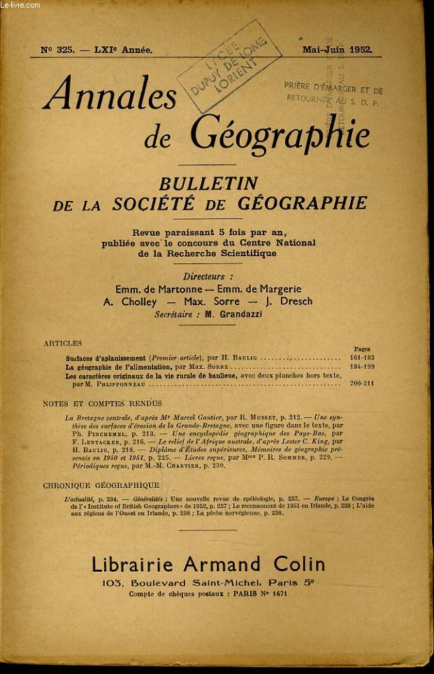 ANNALES DE GEOGRAPHIES bulletin de la socit gographique) n325 : Surface d'aplanissement - La gographie de l'alimentation Les caractre originaux de la vie rurale de banlieue