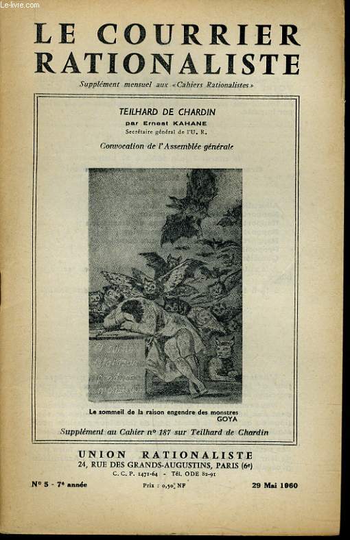 LE COURRIER RATIONALISTEn5 (supplment au cahier n187) : Teilhard de Chardin - Convocation de l'Assemble gnrale