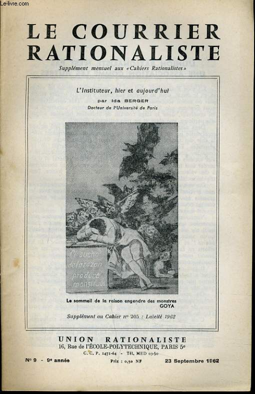 LE COURRIER RATIONALISTEn9 (supplement au cahier n205 : Lacit 1962) : L'instituteur hier et aujourd'hui