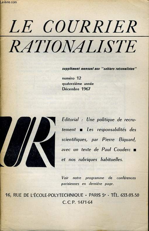 LE COURRIER RATIONALISTE n12 (supplment mensuel aux 