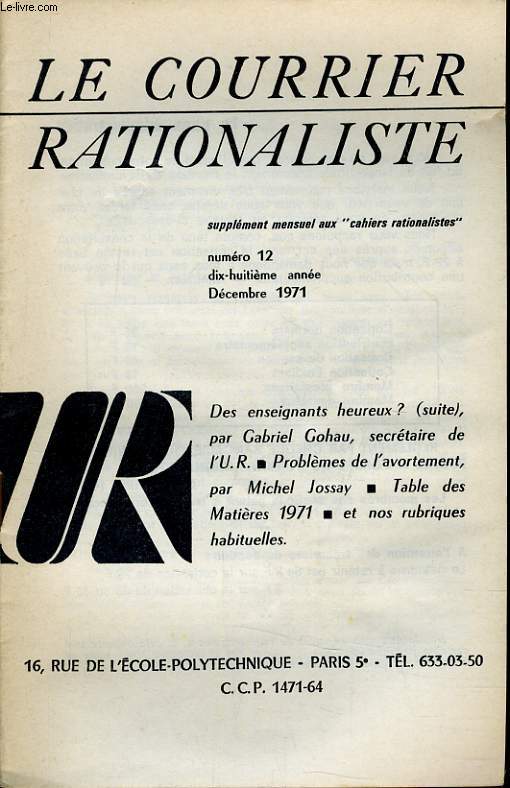 LE COURRIER RATIONALISTE n12 (supplment mensuel aux 