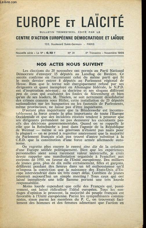 EUROPE ET LAICITE N31 - NOS ACTES NOUS SUIVENT - LES RAPPORTS ENTRE L'EGLISE ET L'ETAT EN ALLEMAGNE FEDERALE DE 1963 A 1966