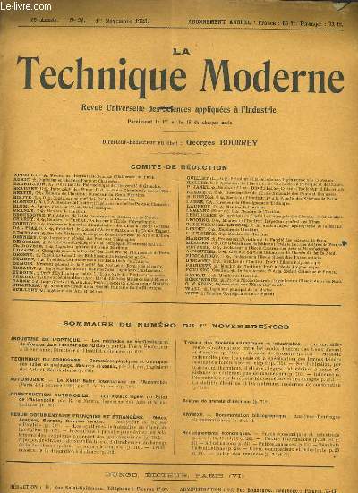 LA TECHNIQUE MODERNE N21 15E ANNEE - LES METHODES DE VERIFICATIONS ET DE MESURES DANS L'INDUSTRIE DE L'OPTIQUE