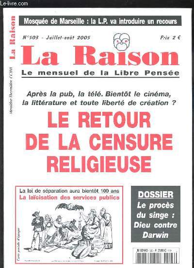 LA RAISON N503 - LE RETOUR DE LA CENSURE RELIGIEUSE - LA LACISATION DES SERVICES PUBLICS