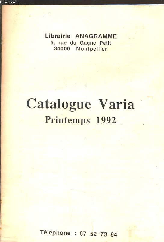 LIBRAIRIE ANAGRAMME. CATALOGUE VARIA, PRINTEMPS 1992.