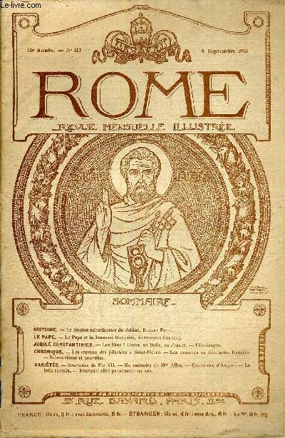 ROME REVUE MENSUELLE ILLUSTREE 10E ANNEE N117 - 8 SEPTEMBRE 1913.