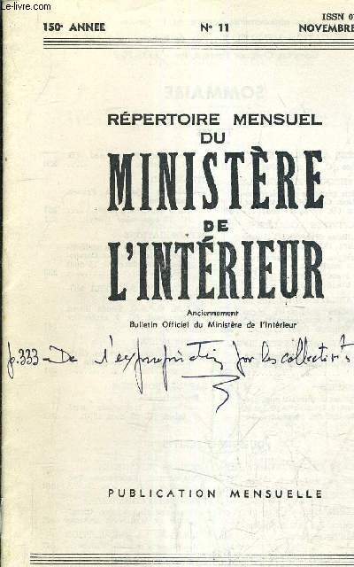REPERTOIRE MENSUEL DU MINISTERE DE L'INTERIEUR - 150 E ANNEE N11 - NOVEMBRE 1986
