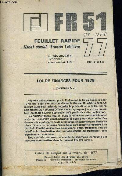 FR 51 - FEUILLET RAPIDE FISCAL SOCIAL - 27 DECEMBRE 32 E ANNEE - 1977.