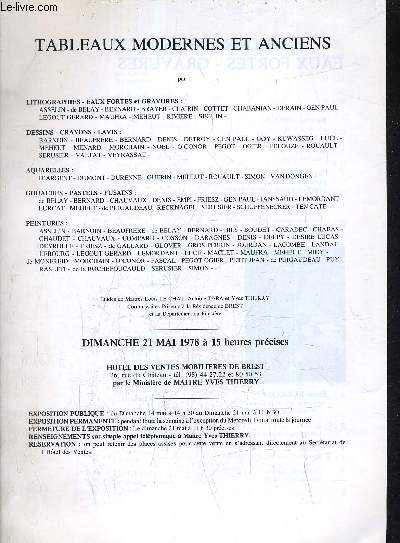 CATALOGUE VENTES AUX ENCHERES - TABLEAUX MODERNES ET ANCIENS - DIMANCHE 21 DECEMBRE 1978 A 15H HOTEL DES VENTES MOBILIERES DE BREST.