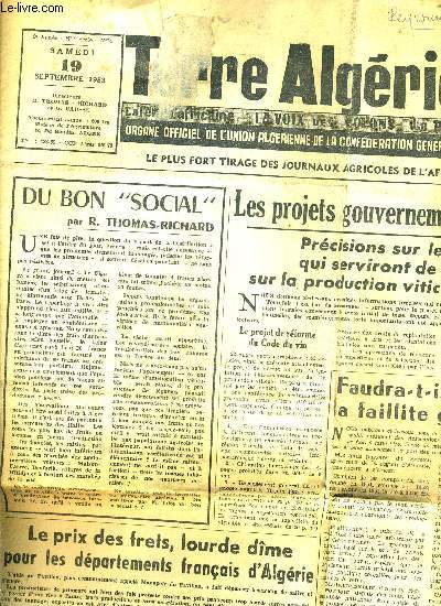 TERRE ALGERIENNE - LA TERRE AFRICAINE LA VOIX DES COLONS LE PAYSON D'ORANIE - 9E ANNEE N74 - SAMEDI 19 SEPTEMBRE 1953.