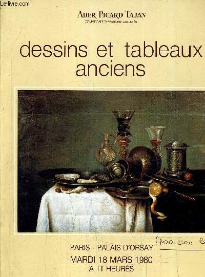 CATALOGUE DE VENTES AUX ENCHERES - TABLEAUX ANCIENS - VENTE A PARIS PALAIS D'ORSAY LE MARDI 18 MARS 1980 A 11HEURES.