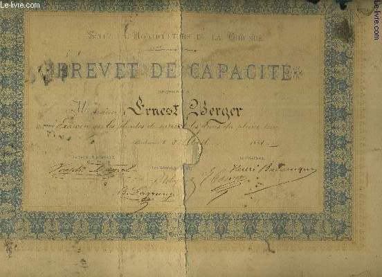 BREVET DE CAPACITE - SOCIETE D'HORTICULTURE DE LA GIRONDE DE 1881.