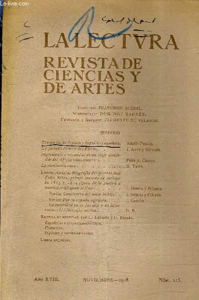 LA LECTURA REVISTA DE CIENCIAS Y DE ARTES - ANO XVIII - NOVIEMBRE 1918 - N215.