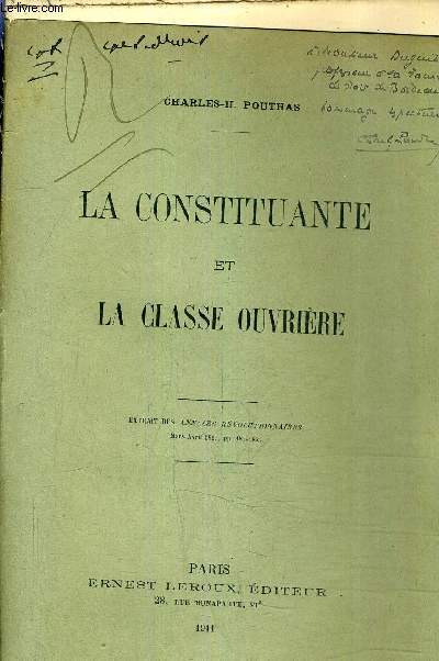 LA CONSTITUANTE ET LA CLASSE OUVRIERE - EXTRAIT DES ANNALES REVOLUTIONNAIRES MARS AVRIL 1911 - PLAQUETTE