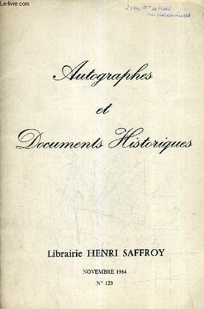 AUTOGRAPHES ET DOCUMENTS HISTORIQUES - N123 NOVEMBRE 1984 - LIBRAIRIE HENRI SAFFROY - REFERENCE DE 1950 A 2084.