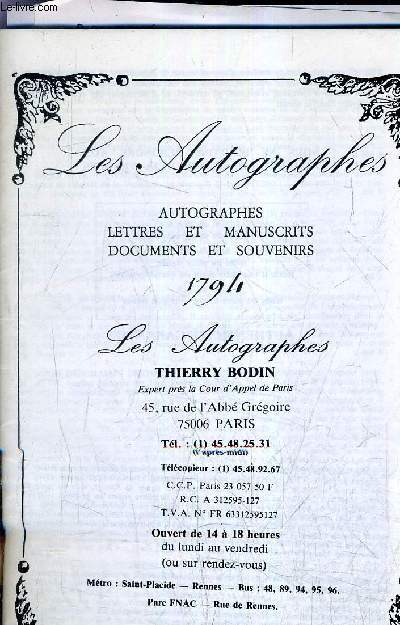 AUTOGRAPHES LETTRES ET MANUSCRITS DOCUMENTS ET SOUVENIRS 1794 - N63 SEPTEMBRE 1994.