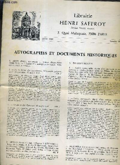 LIBRAIRIE HENRI SAFFROY - MARS 1980 - BULLETIN N107 - AUTOGRAPHES ET DOCUMENTS HISTORIQUES.