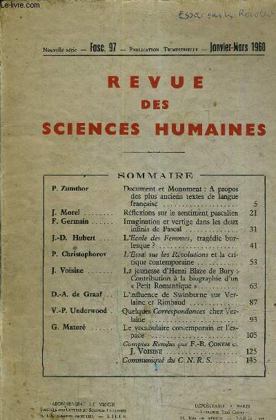 REVUE DES SCIENCES HUMAINES - NOUVELLE SERIE - FASCICULE 97 - JANVIER MARS 1960.