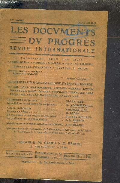 LES DOCUMENTS DU PROGRES - REVUE INTERNATIONALE - 7 E ANNEE - JANVIER 1913 -