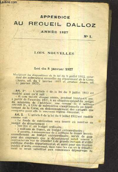 APPENDICE AU RECUEIL DALLOZ N1 ANNEE 1927 - LOIS NOUVELLES.