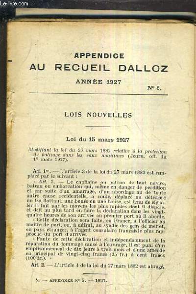 APPENDICE AU RECUEIL DALLOZ N5 ANNEE 1927 - LOIS NOUVELLES 15 MARS 1927 - 31 MARS 1927.
