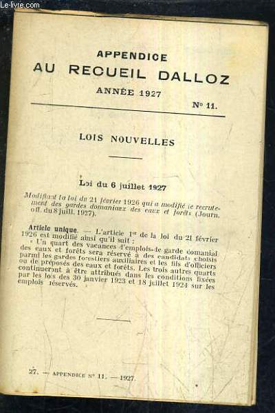 APPENDICE AU RECUEIL DALLOZ N11 ANNEE 1927 - LOIS NOUVELLES 6 JUILLET 1927 - 16 JUILLET 1927.