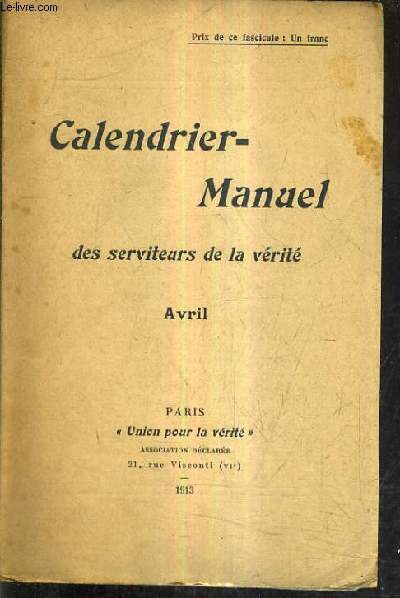 CALENDRIER MANUEL DES SERVITEURS DE LA VERITE - AVRIL.