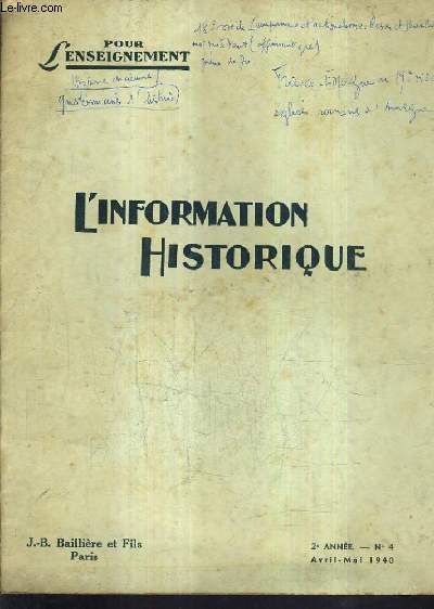 L'INFORMATION HISTORIQUE N4 2E ANNEE AVRIL MAI 1940 -