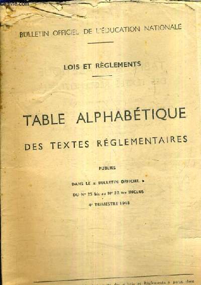 LOIS ET REGLEMENTS - TABLE ALPHABETIQUE DES TEXTES REGLEMENTAIRES PUBLIES DANS LE BULLETON OFFICIEL DU N25 BIS AU N32 TER INCLUS 4E TRIMESTRE.