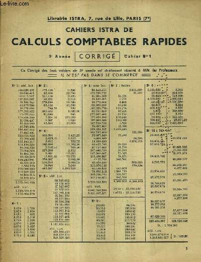 CAHIERS ISTRA DE CALCULS COMPTABLES RAPIDES 3E ANNEE CORRIGE CAHIER N1.