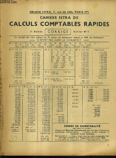CAHIERS ISTRA DE CALCULS COMPTABLES RAPIDES 2E ANNEE CORRIGE CAHIER N°1.