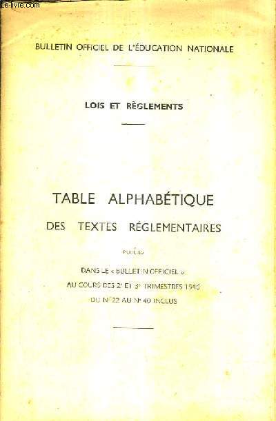 BULLETIN OFFICIEL DE L'EDUCATION NATIONALE - LOIS ET REGLEMENTS - TABLE ALPHABETIQUE DES TEXTES REGLEMENTAIRES PUBLIES DANS LE BULLETIN OFFICIEL AU COURS DES 2E ET 3E TRIMESTRES 1946 DU N22 AU N40 INCLUS.