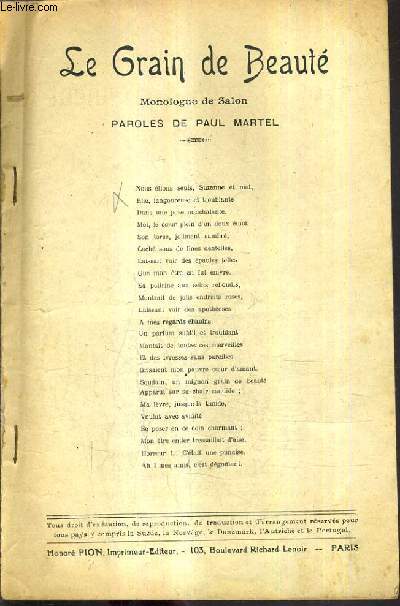 LE GRAIN DE BEAUTE + LA MORT DE BISMARCK + PARENTS MILLIONNAIRES + IVRESSE + LE MORALISTE IDIOT + MARIUS A LA CHASSE AUX LIONS - MONOLOGUE.