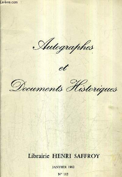 LIBRAIRIE HENRI SAFFROY - AUTOGRAPHES ET DOCUMENTS HISTORIQUES JANVIER 1982 N113.