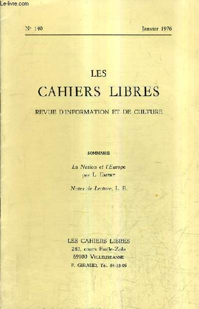 LES CAHIERS LIBRES REVUE D'INFORMATION ET DE CULTURE N140 JANVIER 1976 - La nation et l'Europe - Notes de lecture.