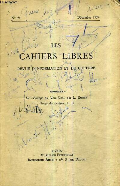 LES CAHIERS LIBRES REVUE D'INFORMATION ET DE CULTURE N21 DECEMBRE 1954 - De l'Europe au New Deal - Notes de lecture.