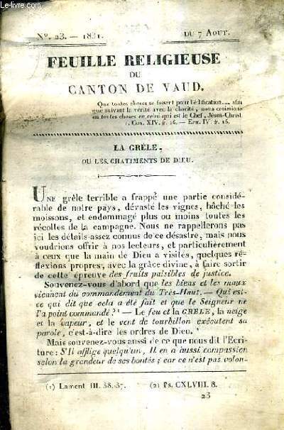 FEUILLE RELIGIEUSE DU CANTON DE VAUD - ANNEE 1831.