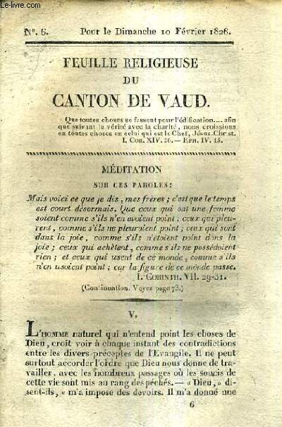 FEUILLE RELIGIEUSE DU CANTON DE VAUD - ANNEE 1828.