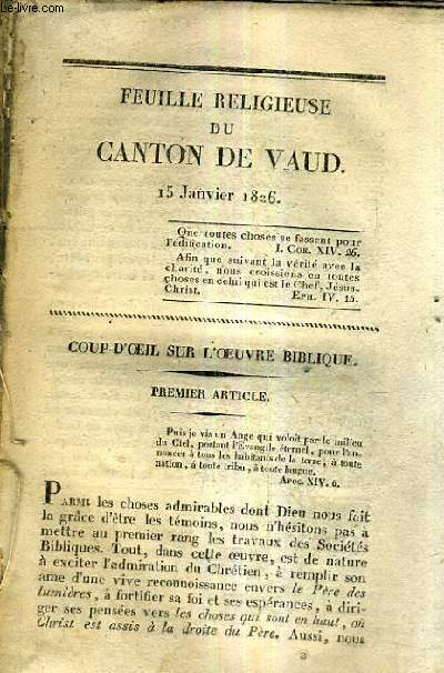 FEUILLE RELIGIEUSE DU CANTON DE VAUD - ANNEE 1826.