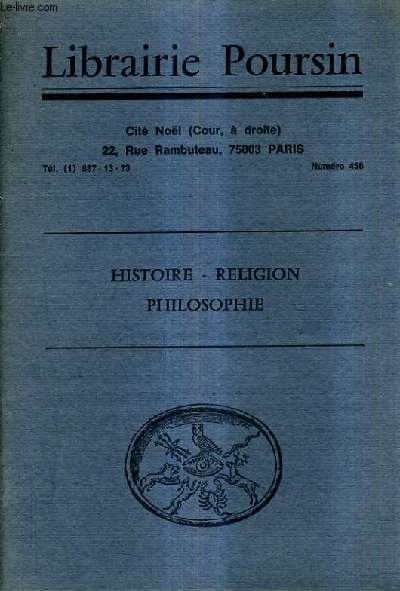 CATALOGUE DE LA LIBRAIRIE POURSIN N456 HISTOIRE RELIGION PHILOSOPHIE.
