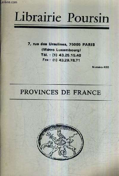 CATALOGUE DE LA LIBRAIRIE POURSIN N498 PROVINCES DE FRANCE.